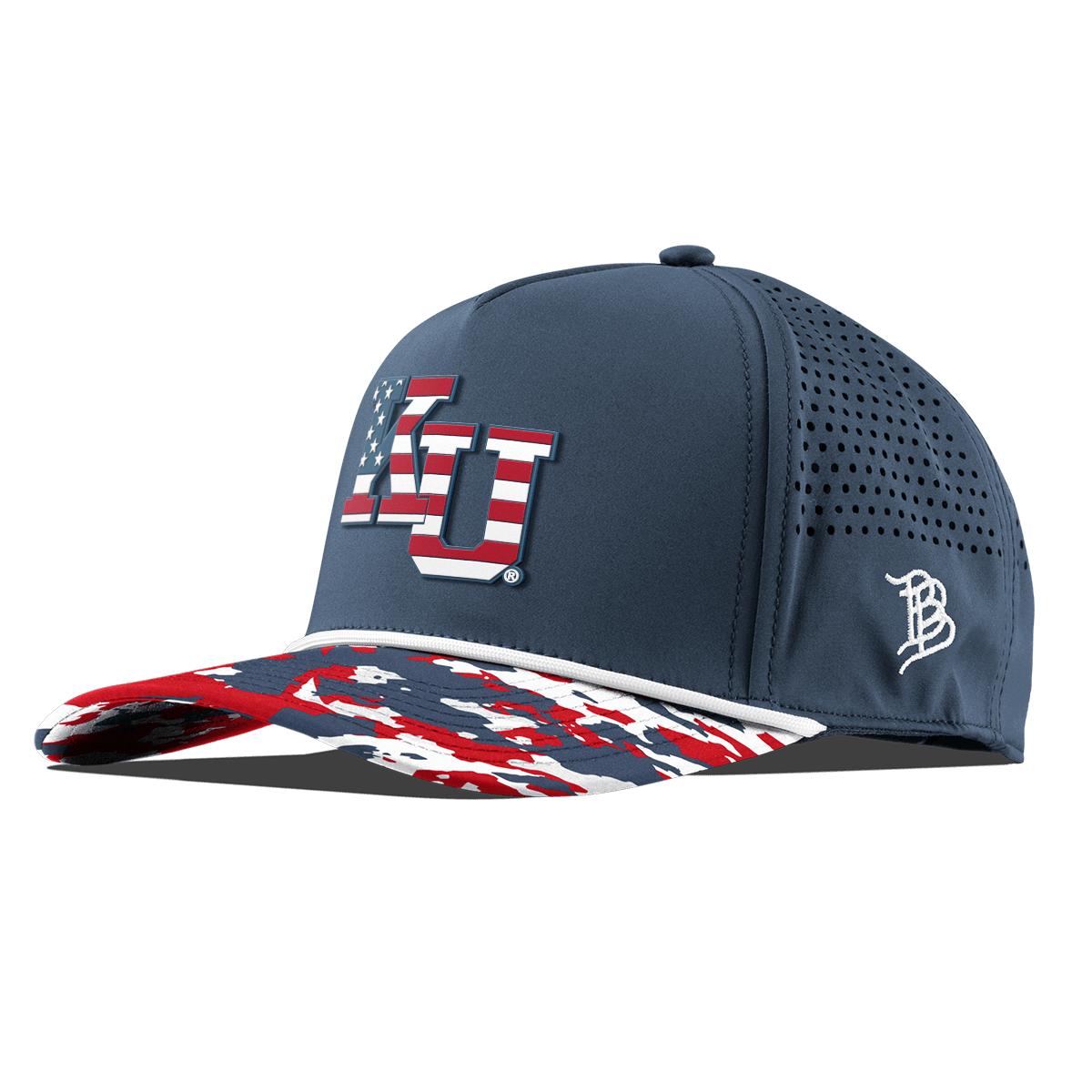University of Kansas "Kansas Stars & Stripes" Curved 5 Panel Rope Orion/USA Camo + White Rope