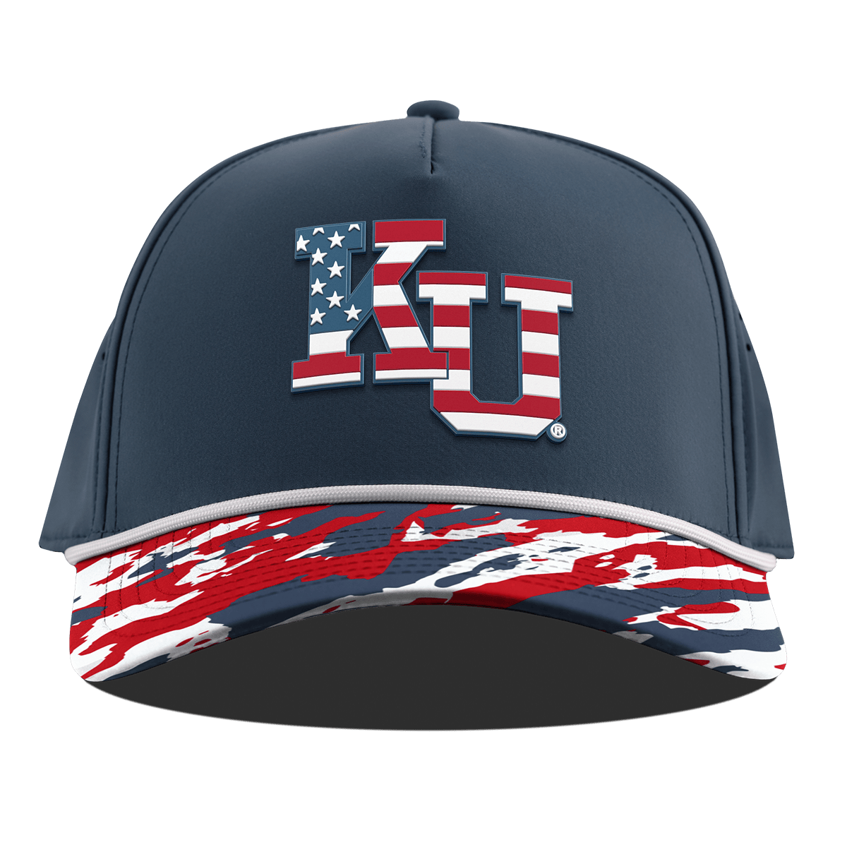 University of Kansas "Kansas Stars & Stripes" Curved 5 Panel Rope Orion/USA Camo + White Rope