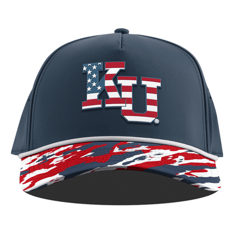 University of Kansas "Kansas Stars & Stripes" Curved 5 Panel Rope Orion/USA Camo + White Rope