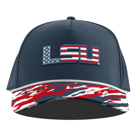 Louisiana State University "LSU Stars & Stripes" Curved 5 Panel Rope Orion/USA Camo + White Rope