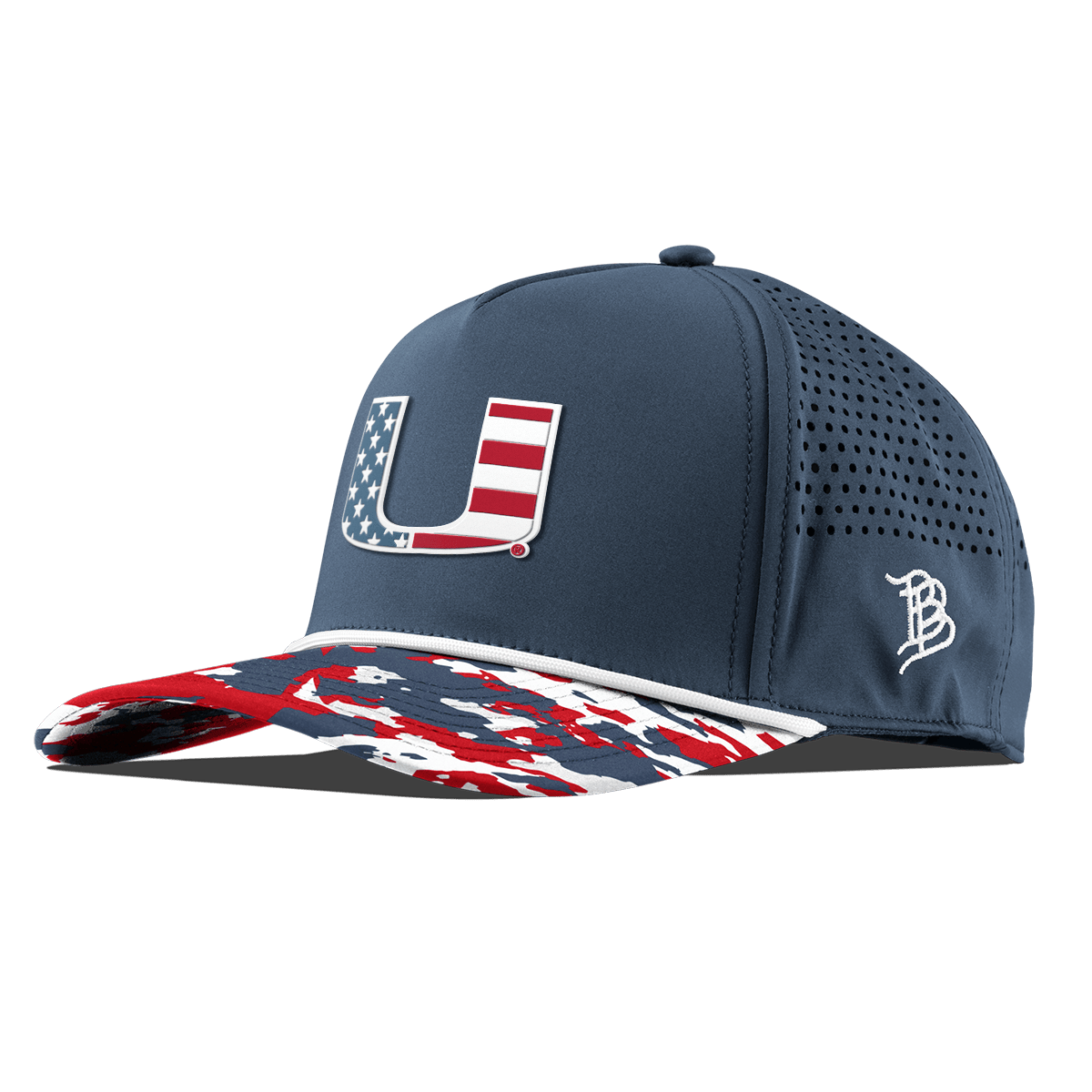 University of Miami "Miami Stars & Stripes" Curved 5 Panel Rope Orion/USA Camo + White Rope