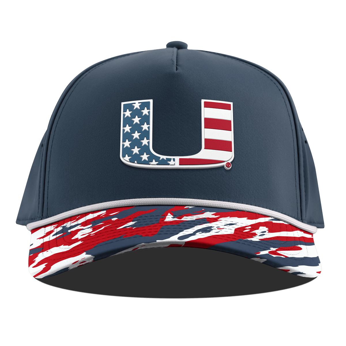 University of Miami "Miami Stars & Stripes" Curved 5 Panel Rope Orion/USA Camo + White Rope