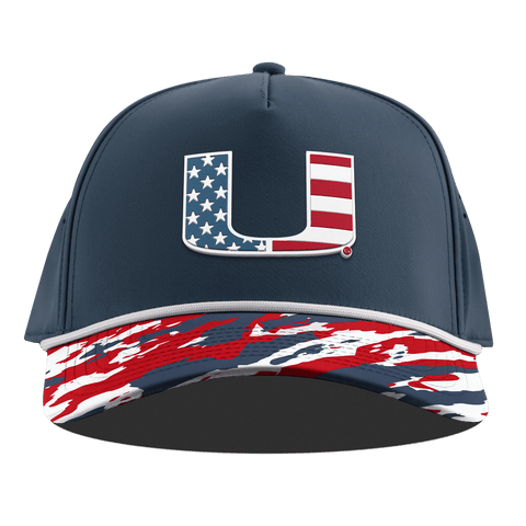 University of Miami "Miami Stars & Stripes" Curved 5 Panel Rope Orion/USA Camo + White Rope