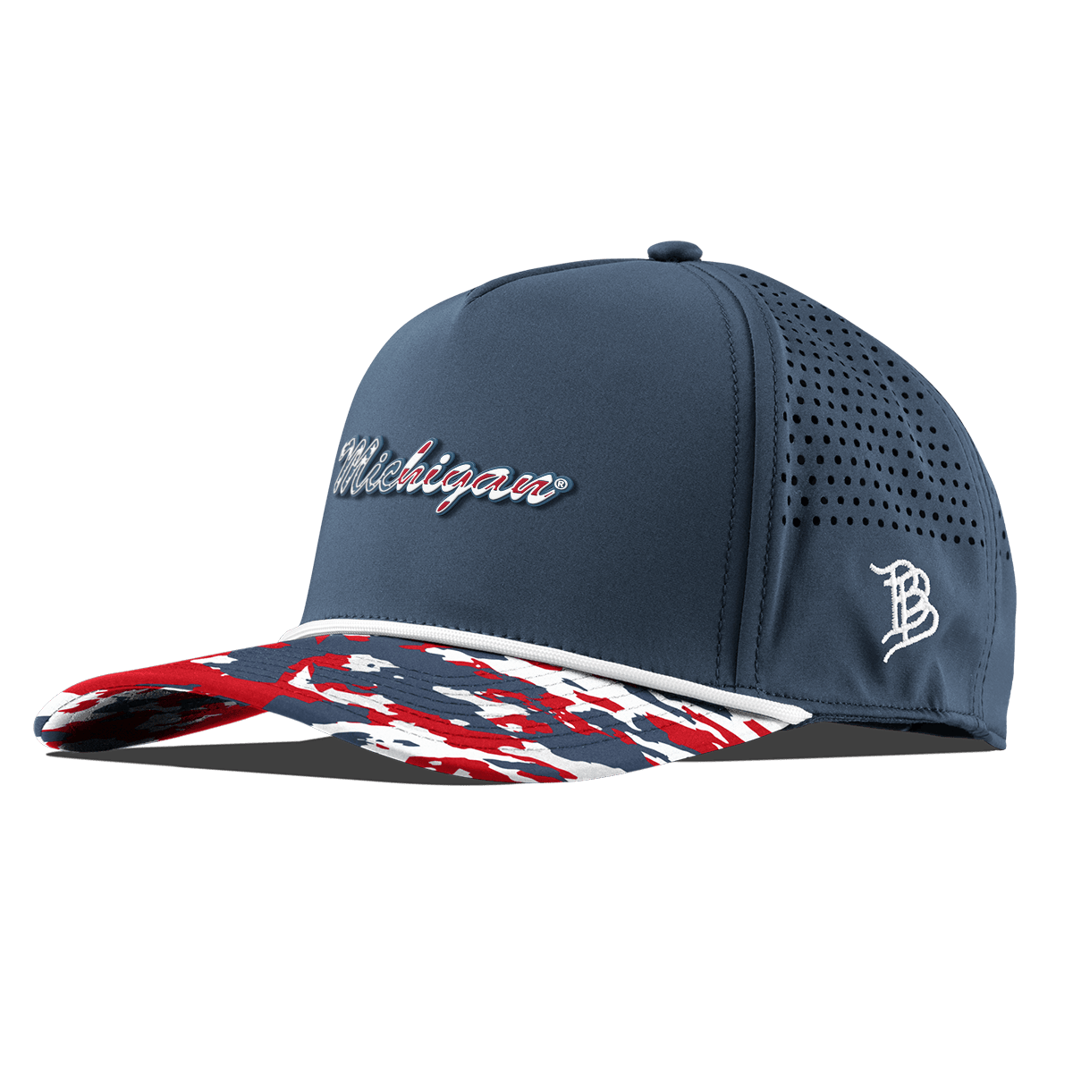University of Michigan "Michigan Stars & Stripes" Curved 5 Panel Rope Orion/USA Camo + White Rope