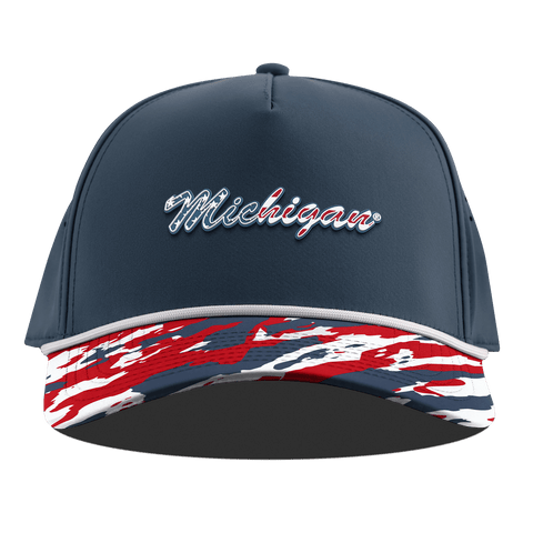 University of Michigan "Michigan Stars & Stripes" Curved 5 Panel Rope Orion/USA Camo + White Rope
