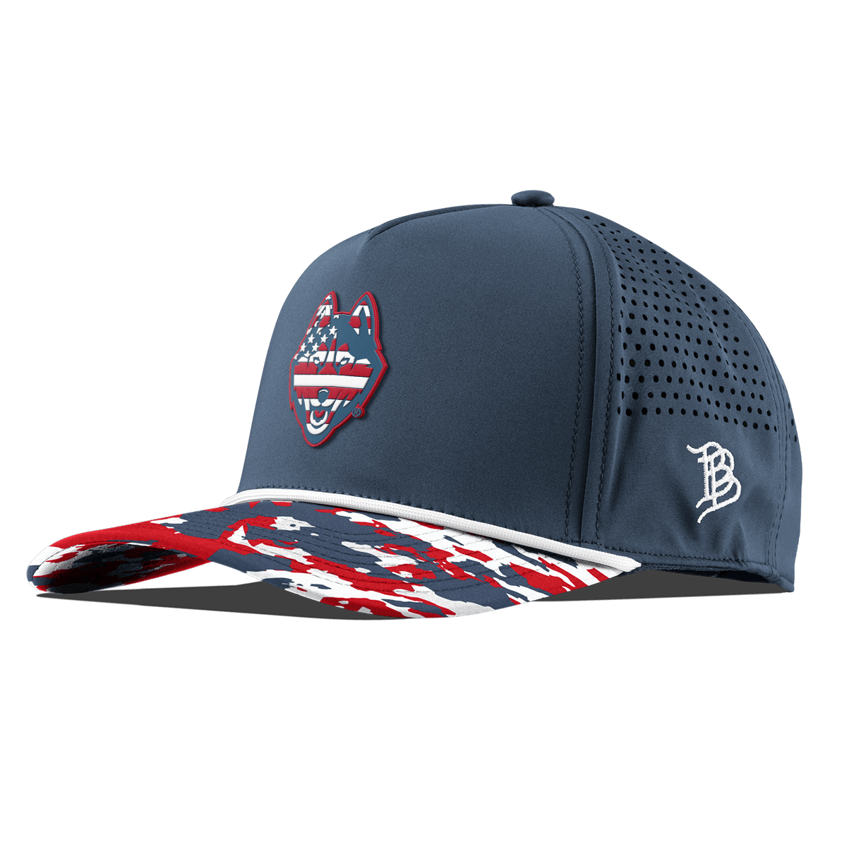 University of Connecticut "UConn Stars & Stripes" Curved 5 Panel Rope Orion/USA Camo + White Rope