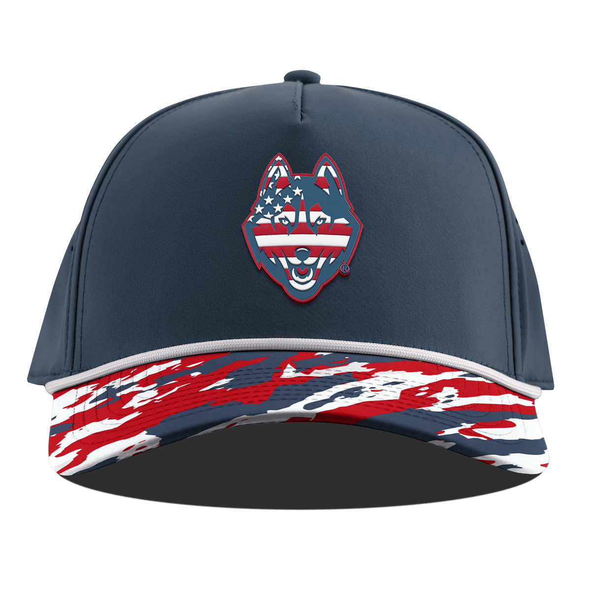 University of Connecticut "UConn Stars & Stripes" Curved 5 Panel Rope Orion/USA Camo + White Rope