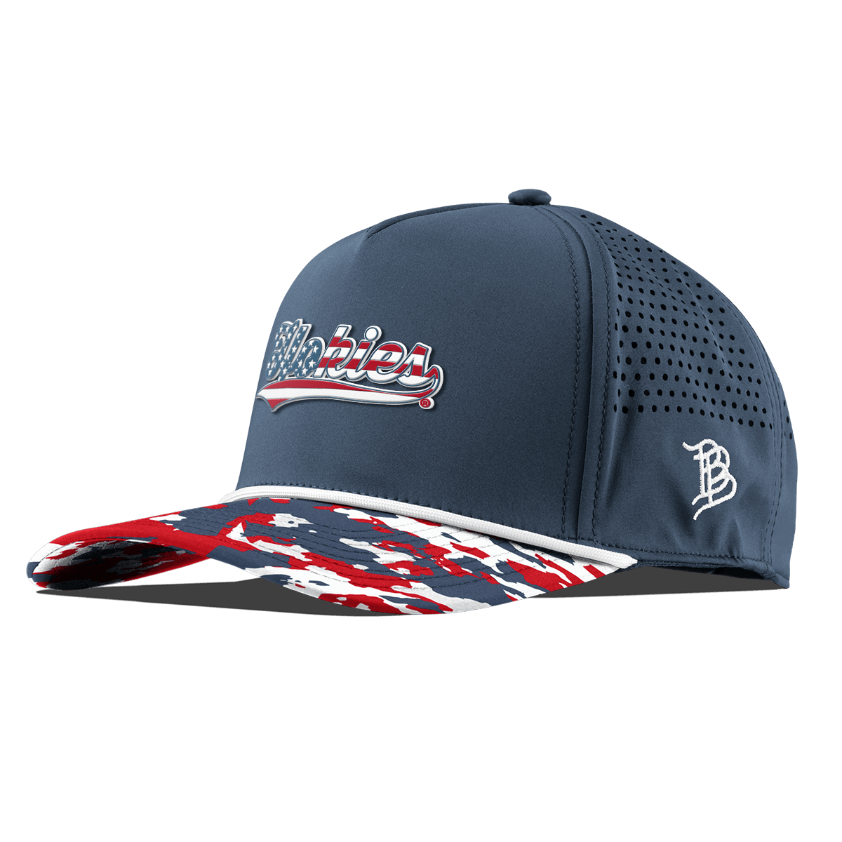 Virginia Tech University "Hokies Stars & Stripes" Curved 5 Panel Rope Orion/USA Camo + White Rope