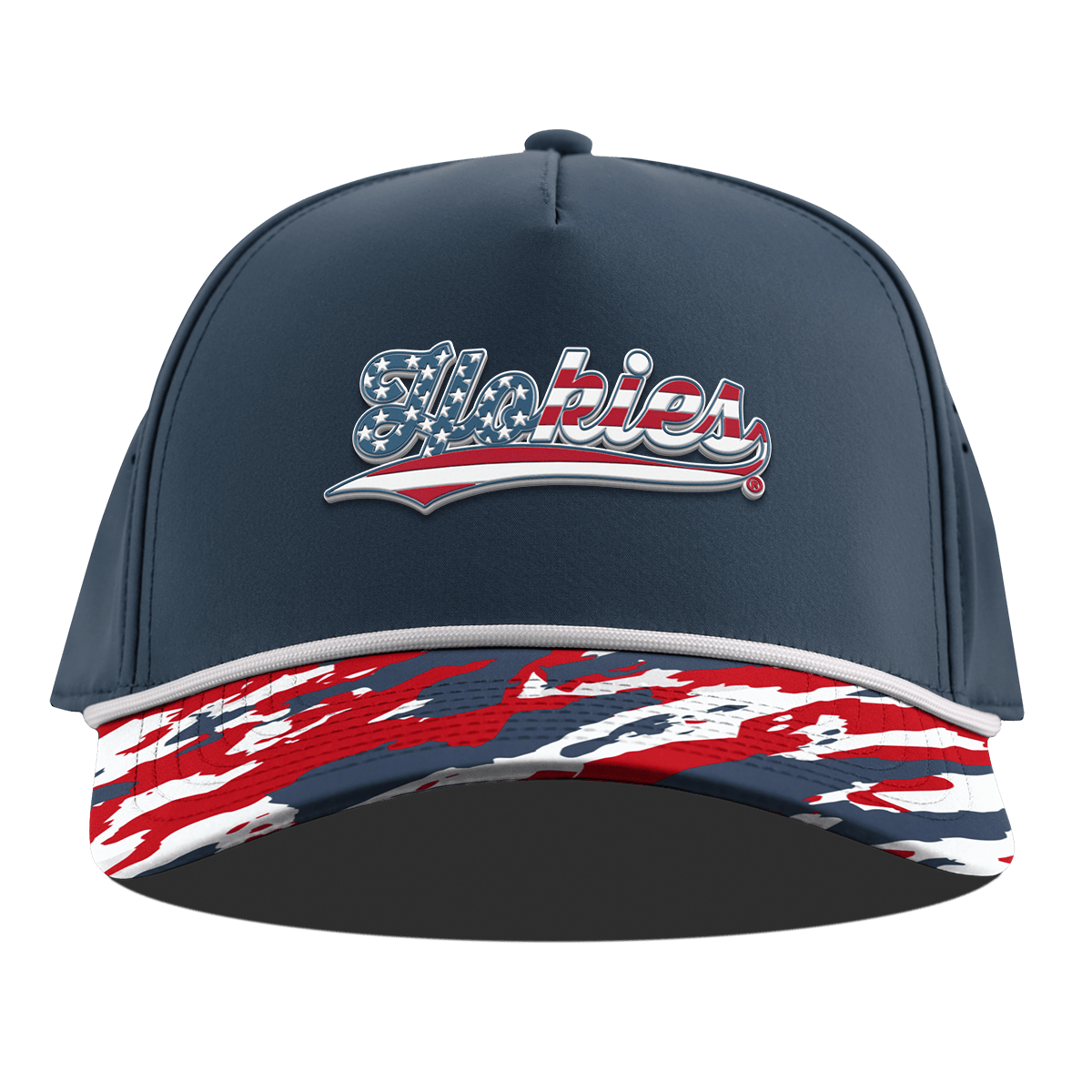 Virginia Tech University "Hokies Stars & Stripes" Curved 5 Panel Rope Orion/USA Camo + White Rope