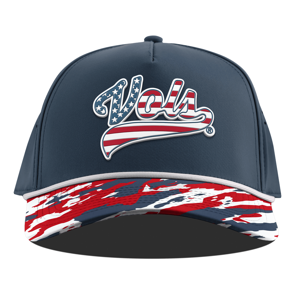 University of Tennessee "Vols Stars & Stripes" Curved 5 Panel Rope Orion/USA Camo + White Rope