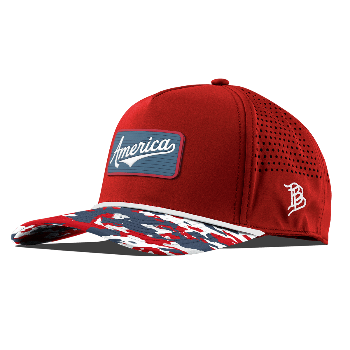 USA America Badge Curved 5 Panel Rope Red/USA Camo + White Rope
