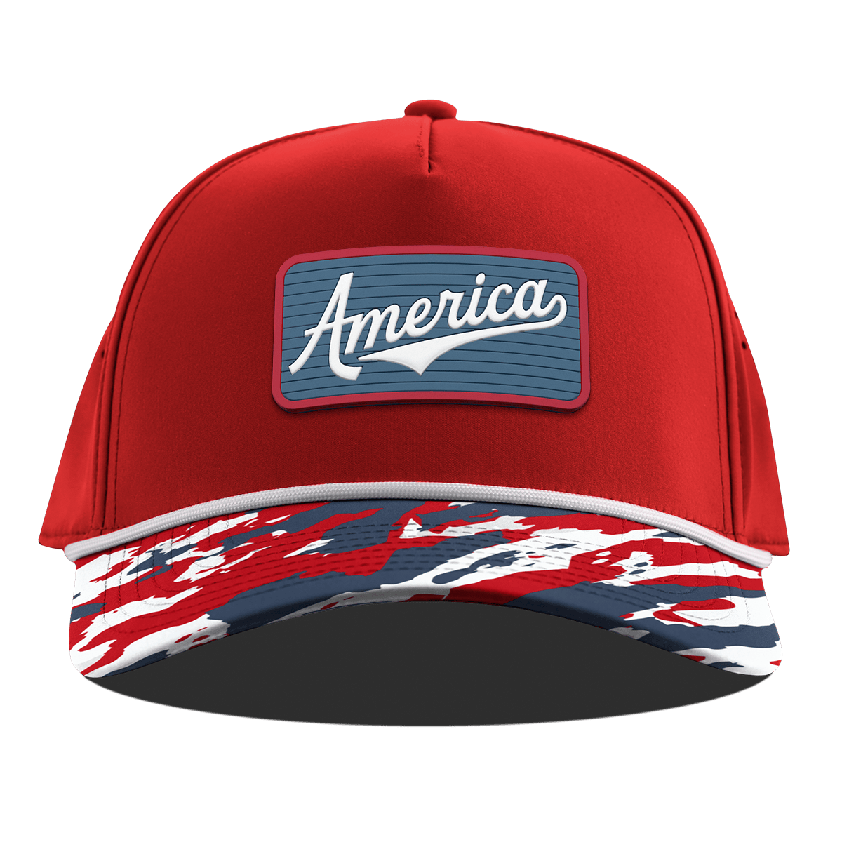 USA America Badge Curved 5 Panel Rope Red/USA Camo + White Rope
