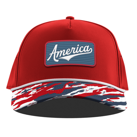USA America Badge Curved 5 Panel Rope Red/USA Camo + White Rope