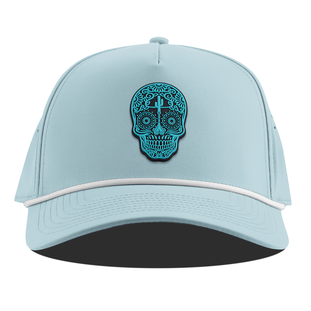Turquoise Skull PVC Curved 5 Panel Rope Sky Blue