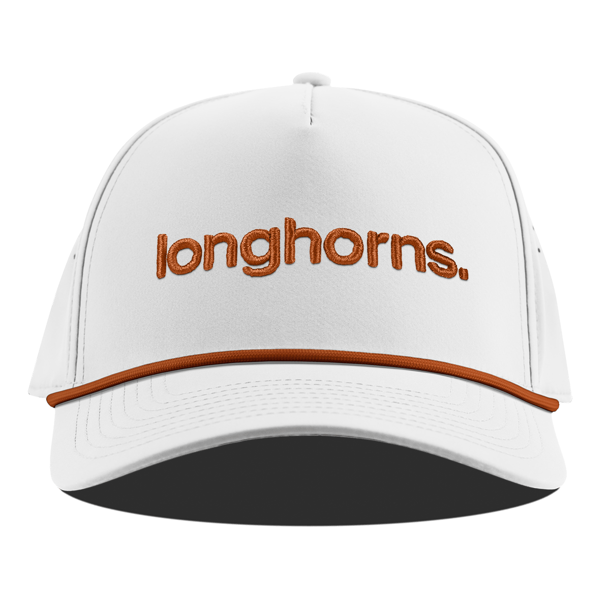 University of Texas "longhorns." Curved 5 Panel Rope White + Burnt Orange Rope