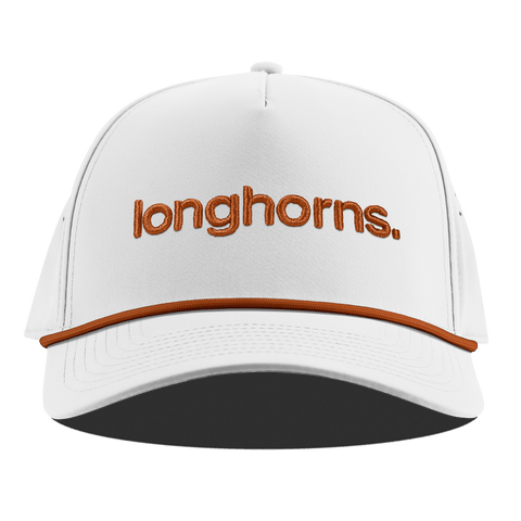 University of Texas "longhorns." Curved 5 Panel Rope White + Burnt Orange Rope