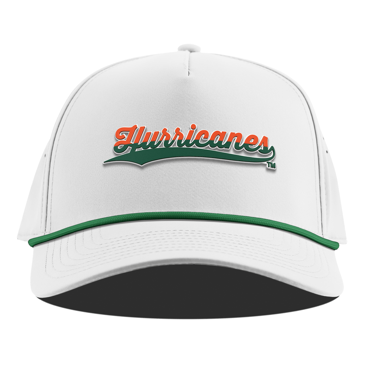 University of Miami "Hurricanes Script" Curved 5 Panel Rope White + Kelly Green Rope