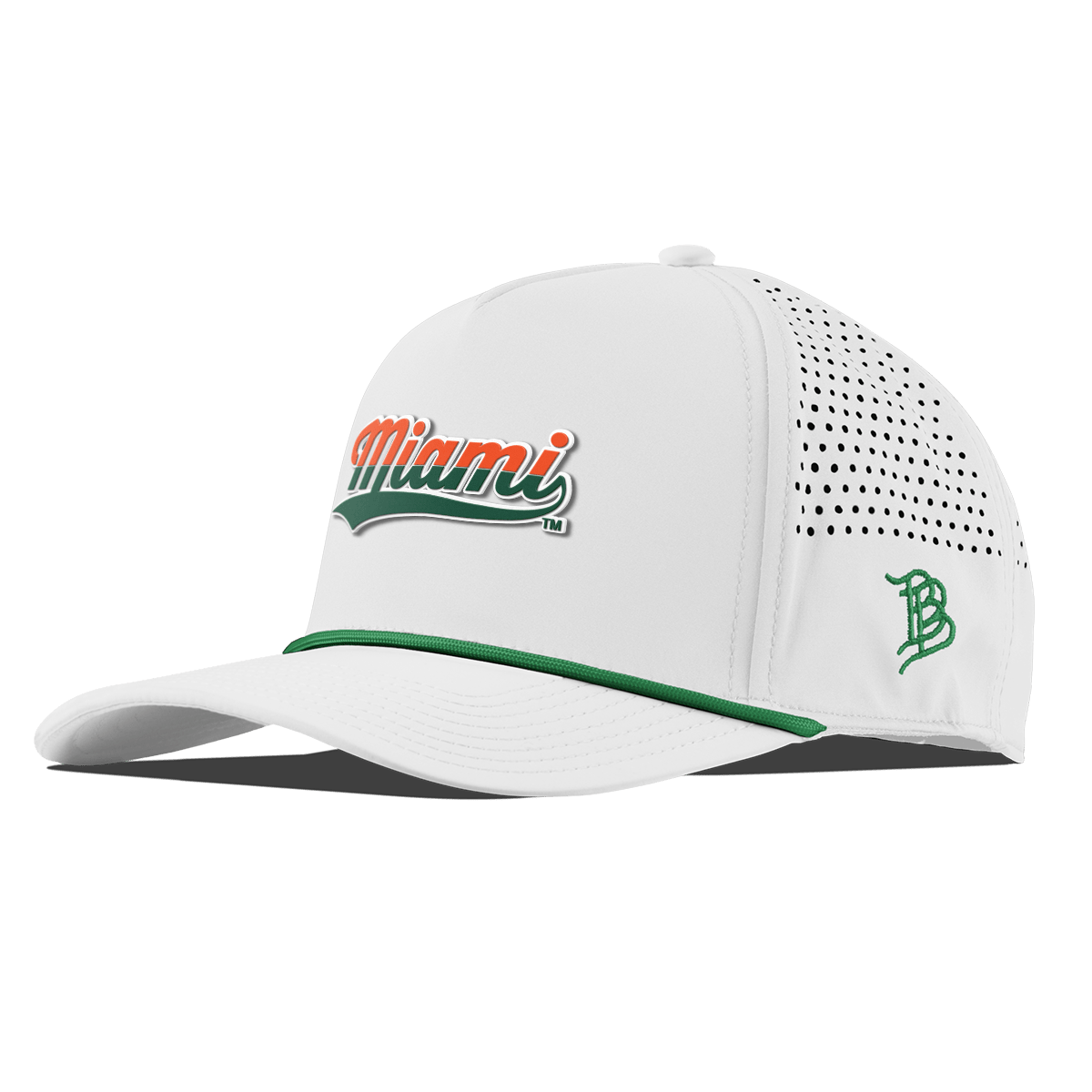 University of Miami "Miami Script" Curved 5 Panel Rope White + Kelly Green Rope
