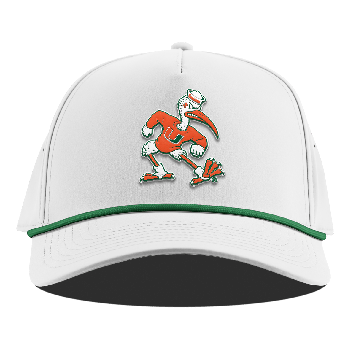 University of Miami "Sebastian the Ibis" Curved 5 Panel Rope White + Kelly Green Rope