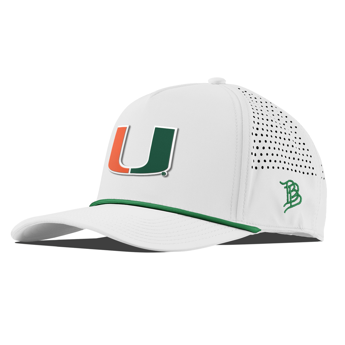 University of Miami "Miami Team Logo" Curved 5 Panel Rope White + Kelly Green Rope