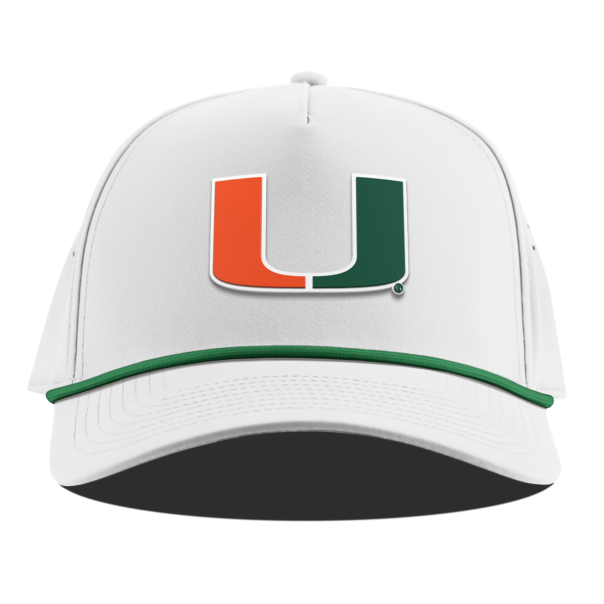 University of Miami "Miami Team Logo" Curved 5 Panel Rope White + Kelly Green Rope