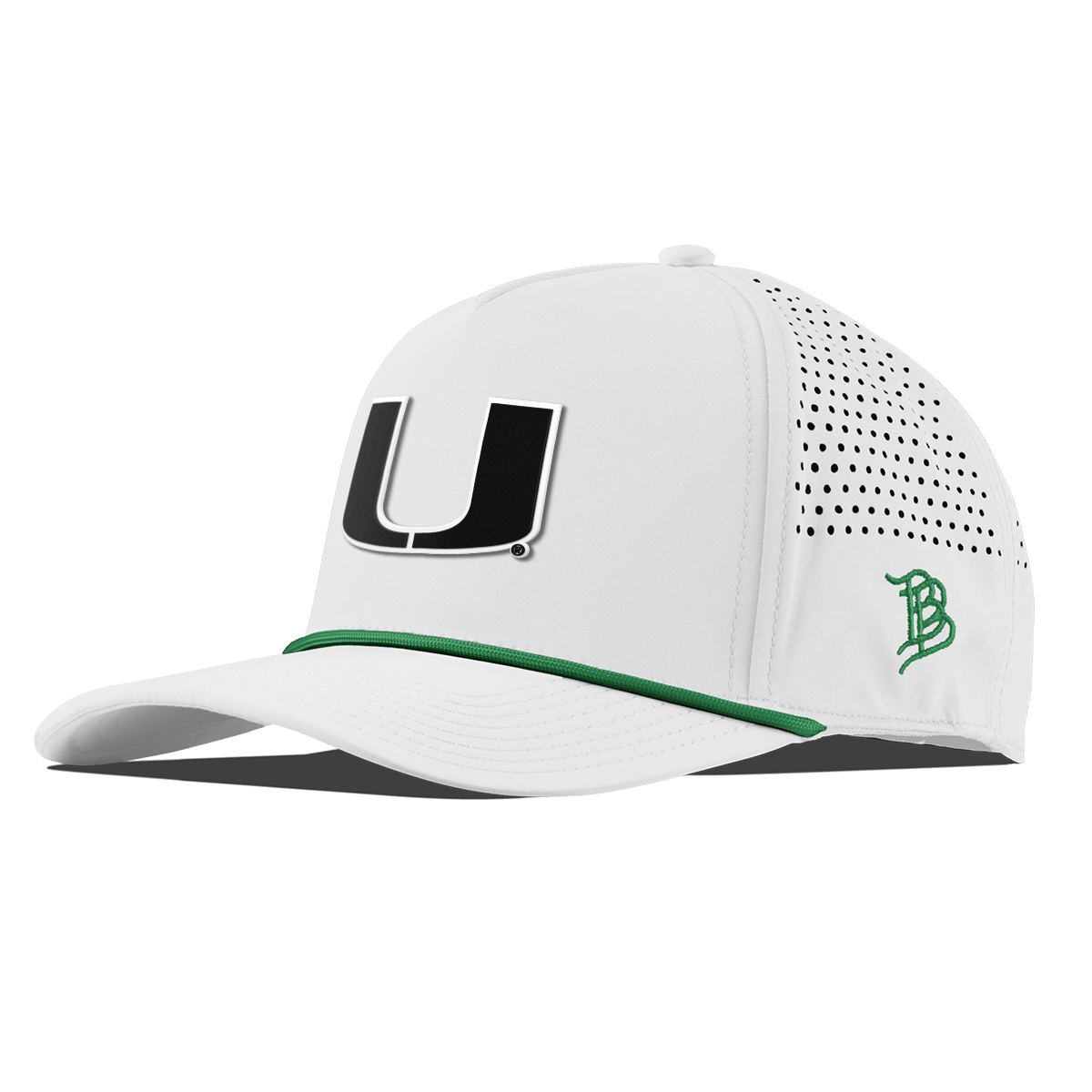 University of Miami "Vintage Miami Team Logo" Curved 5 Panel Rope White + Kelly Green Rope