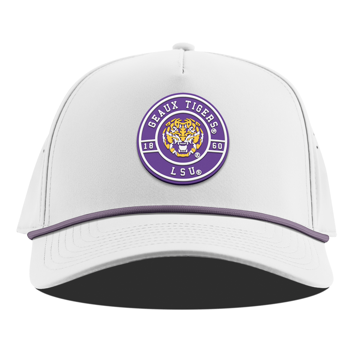Louisiana State University "Geaux LSU Tigers" Curved 5 Panel Rope White + Purple Rope