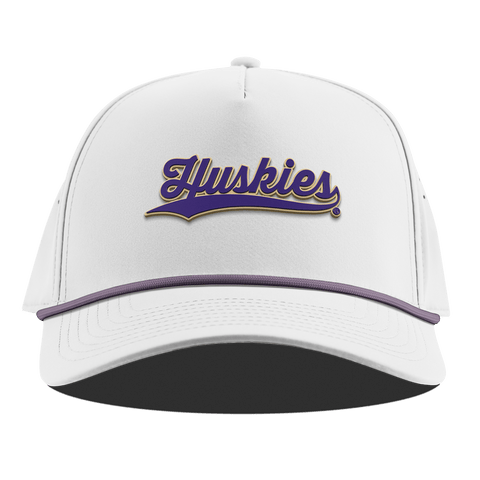 University of Washington "Huskies Script" Curved 5 Panel Rope White + Purple Rope