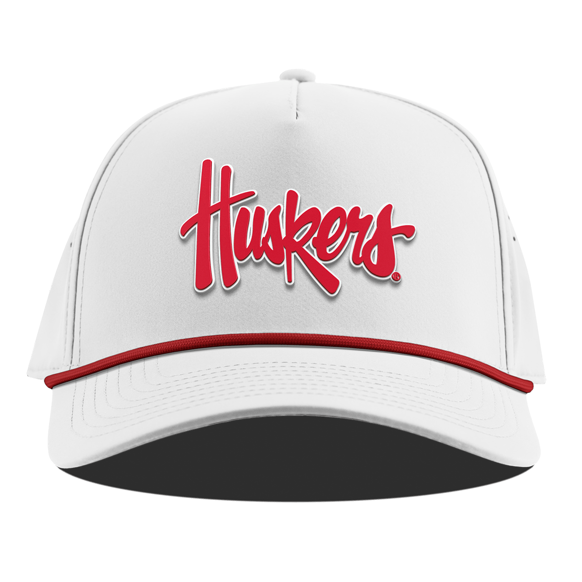 University of Nebraska "Huskers Script" Curved 5 Panel Rope White + Red Rope