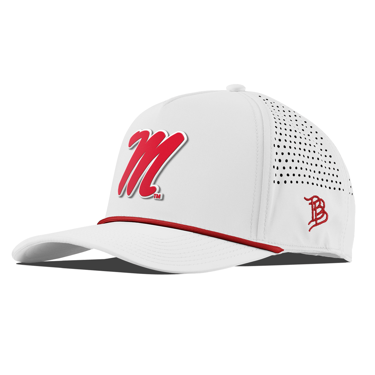University of Mississippi "Ole Miss Block M Red" Curved 5 Panel Rope White + Red Rope