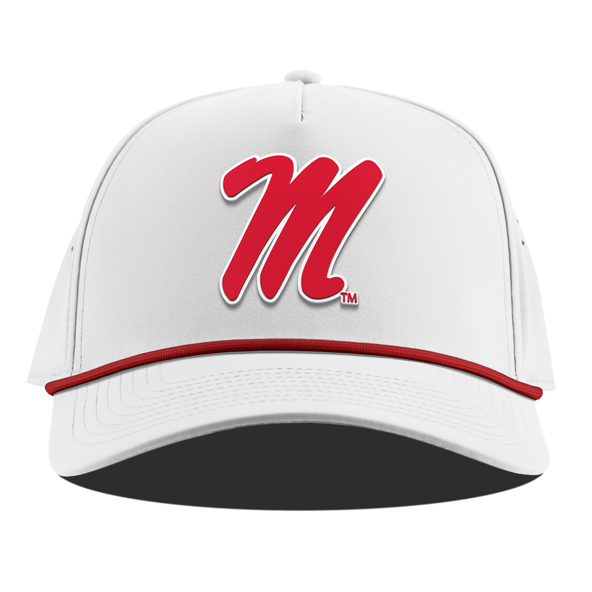 University of Mississippi "Ole Miss Block M Red" Curved 5 Panel Rope White + Red Rope