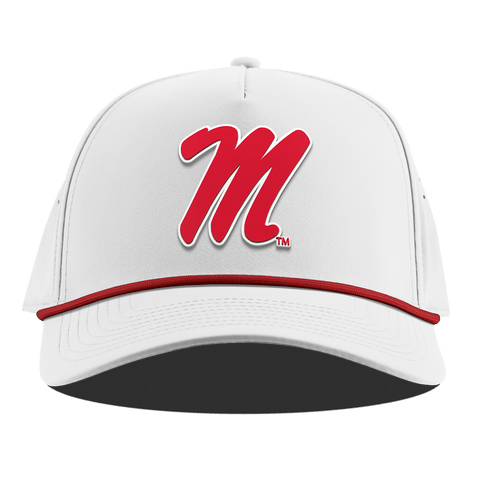 University of Mississippi "Ole Miss Block M Red" Curved 5 Panel Rope White + Red Rope
