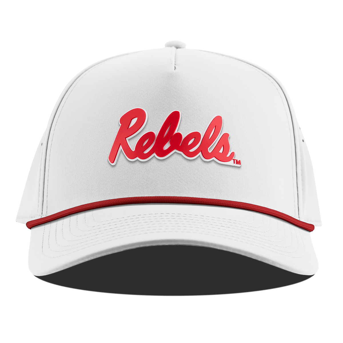 University of Mississippi "Ole Miss Crimson Rebels" Curved 5 Panel Rope White + Red Rope