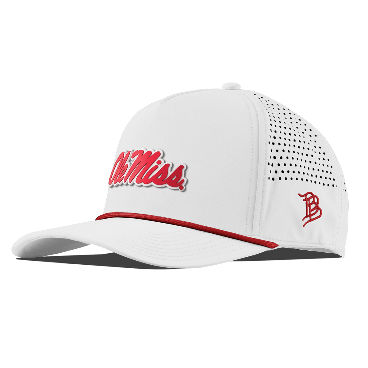 University of Mississippi "Ole Miss Crimson Script" Curved 5 Panel Rope White + Red Rope