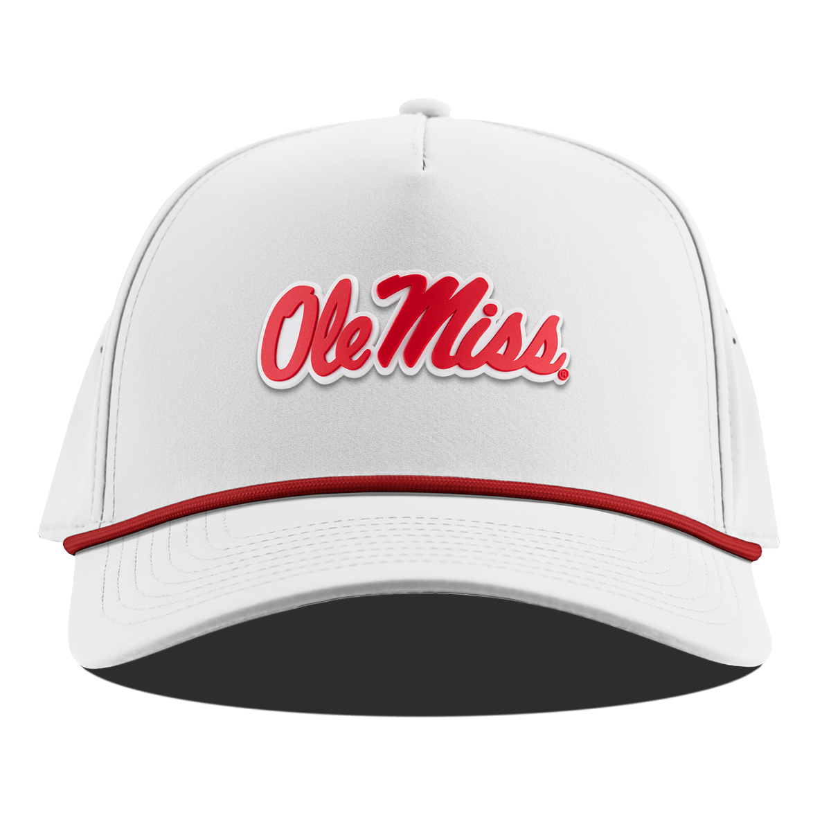 University of Mississippi "Ole Miss Crimson Script" Curved 5 Panel Rope White + Red Rope