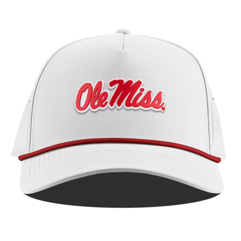 University of Mississippi "Ole Miss Crimson Script" Curved 5 Panel Rope White + Red Rope