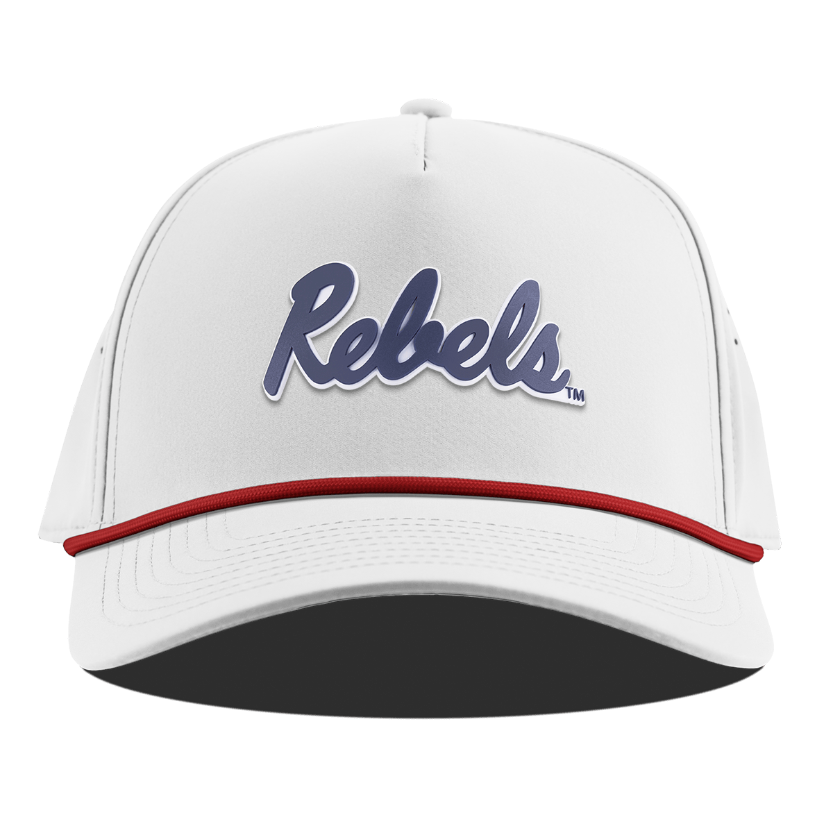 University of Mississippi "Ole Miss Navy Rebels" Curved 5 Panel Rope White + Red Rope