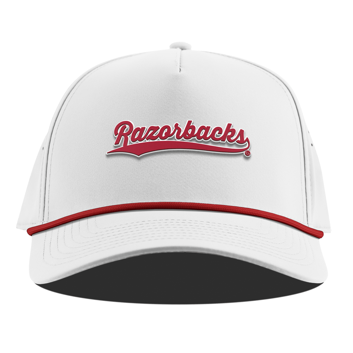 University of Arkansas "Razorback Script" Curved 5 Panel Rope White + Red Rope