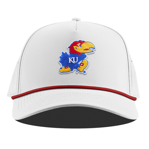 University of Kansas "Rock Chalk Jayhawk" Curved 5 Panel Rope White + Red Rope