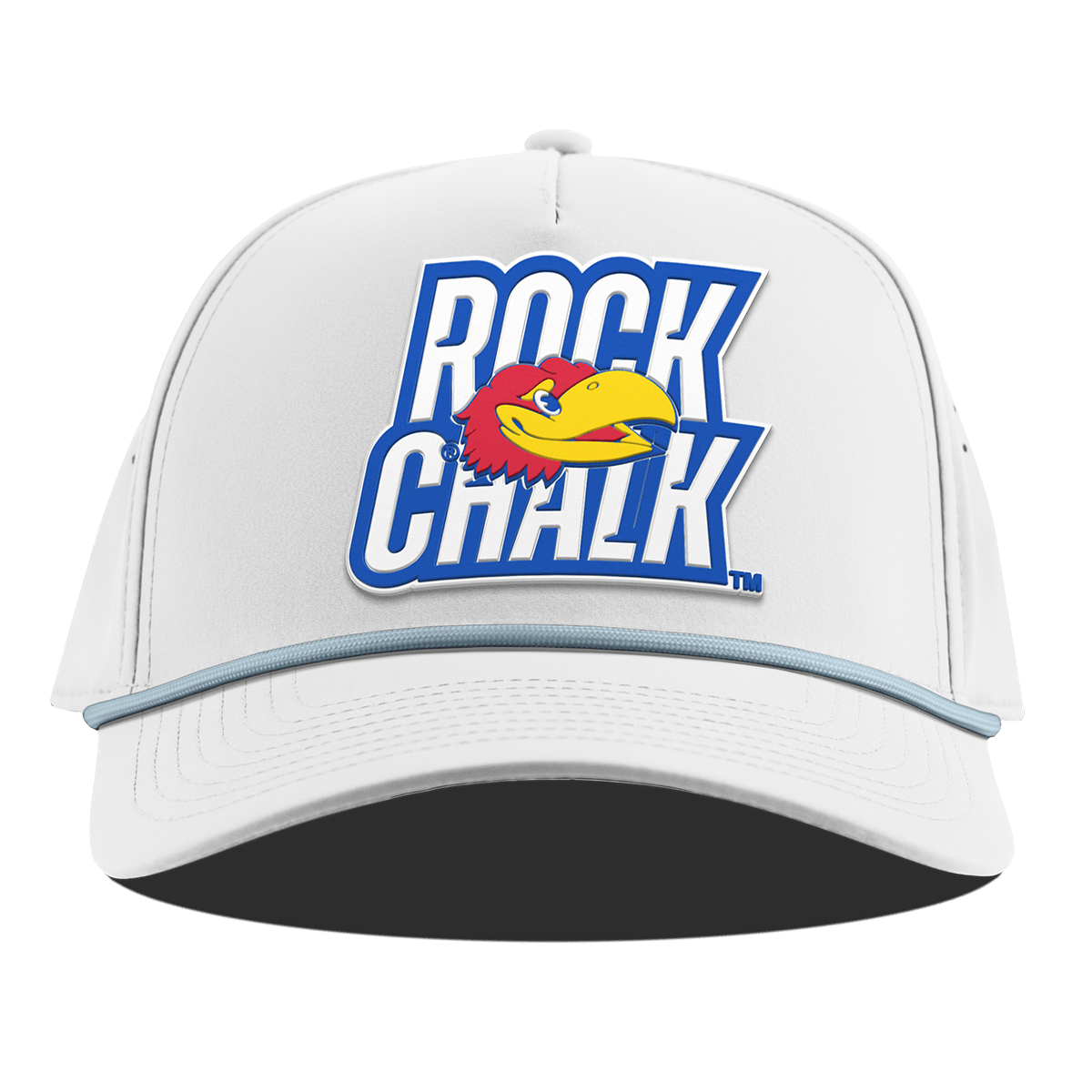 University of Kansas "Kansas Rock Chalk Block" Curved 5 Panel Rope White + Sky Blue Rope