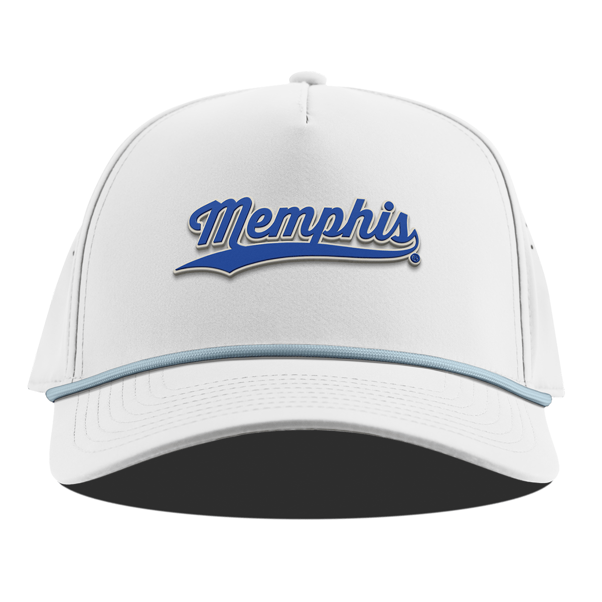 University of Memphis "Memphis Script" Curved 5 Panel Rope White + Sky Blue Rope