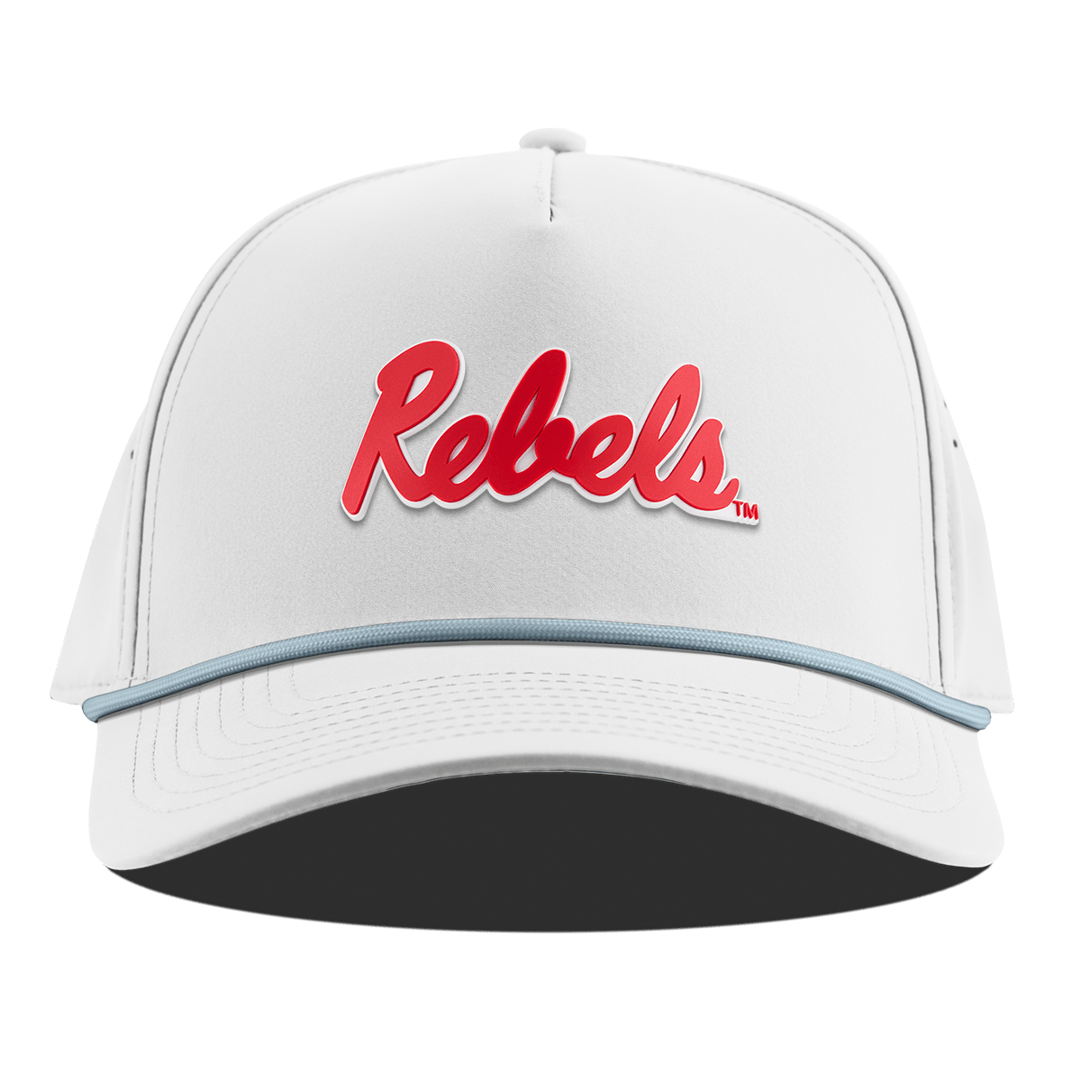 University of Mississippi "Ole Miss Crimson Rebels" Curved 5 Panel Rope White + Sky Blue Rope