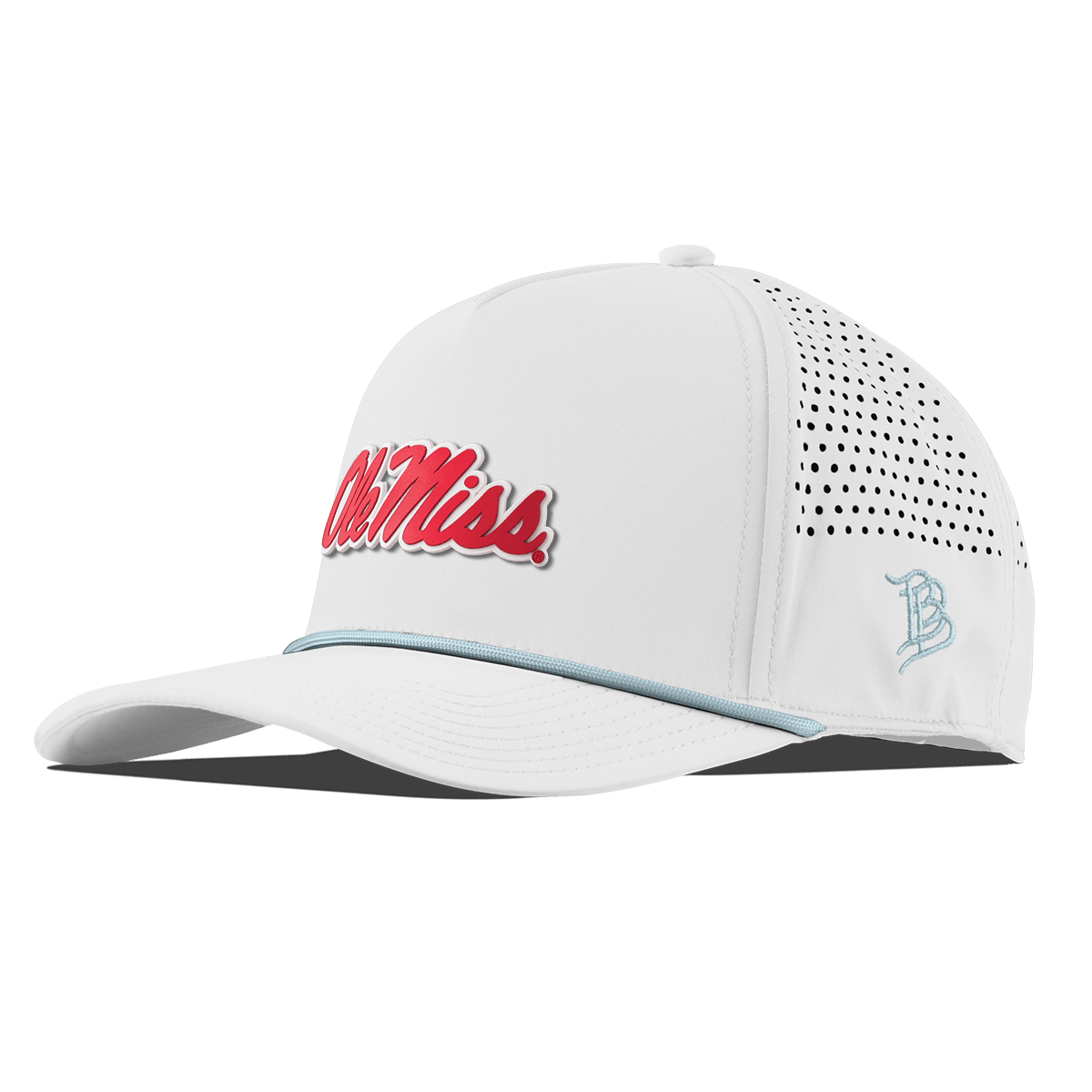 University of Mississippi "Ole Miss Crimson Script" Curved 5 Panel Rope White + Sky Blue Rope