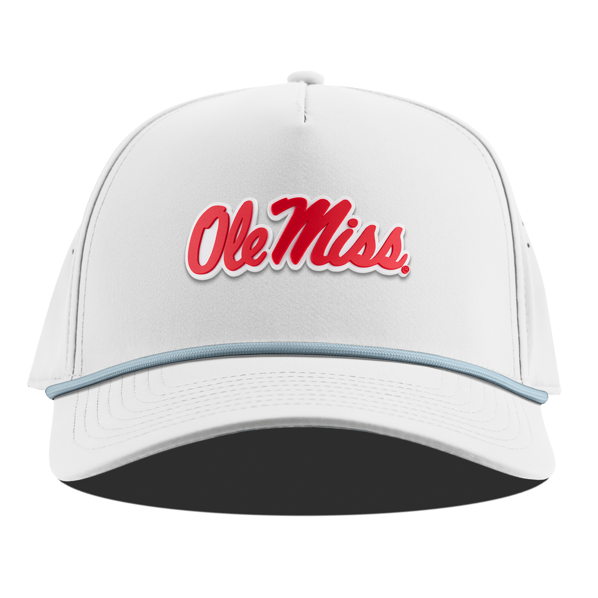 University of Mississippi "Ole Miss Crimson Script" Curved 5 Panel Rope White + Sky Blue Rope