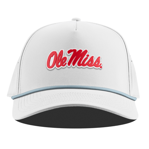 University of Mississippi "Ole Miss Crimson Script" Curved 5 Panel Rope White + Sky Blue Rope