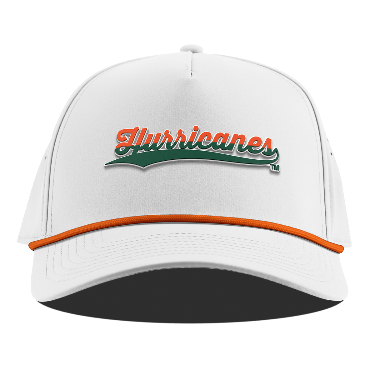 University of Miami "Hurricanes Script" Curved 5 Panel Rope White + Tangerine Rope