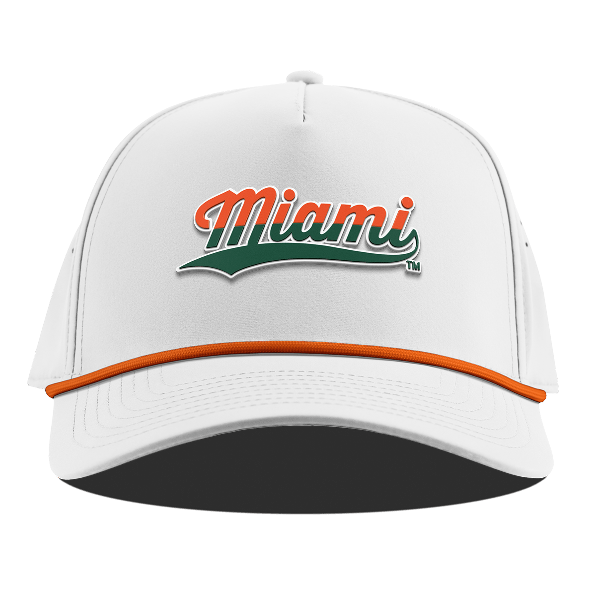 University of Miami "Miami Script" Curved 5 Panel Rope White + Tangerine Rope