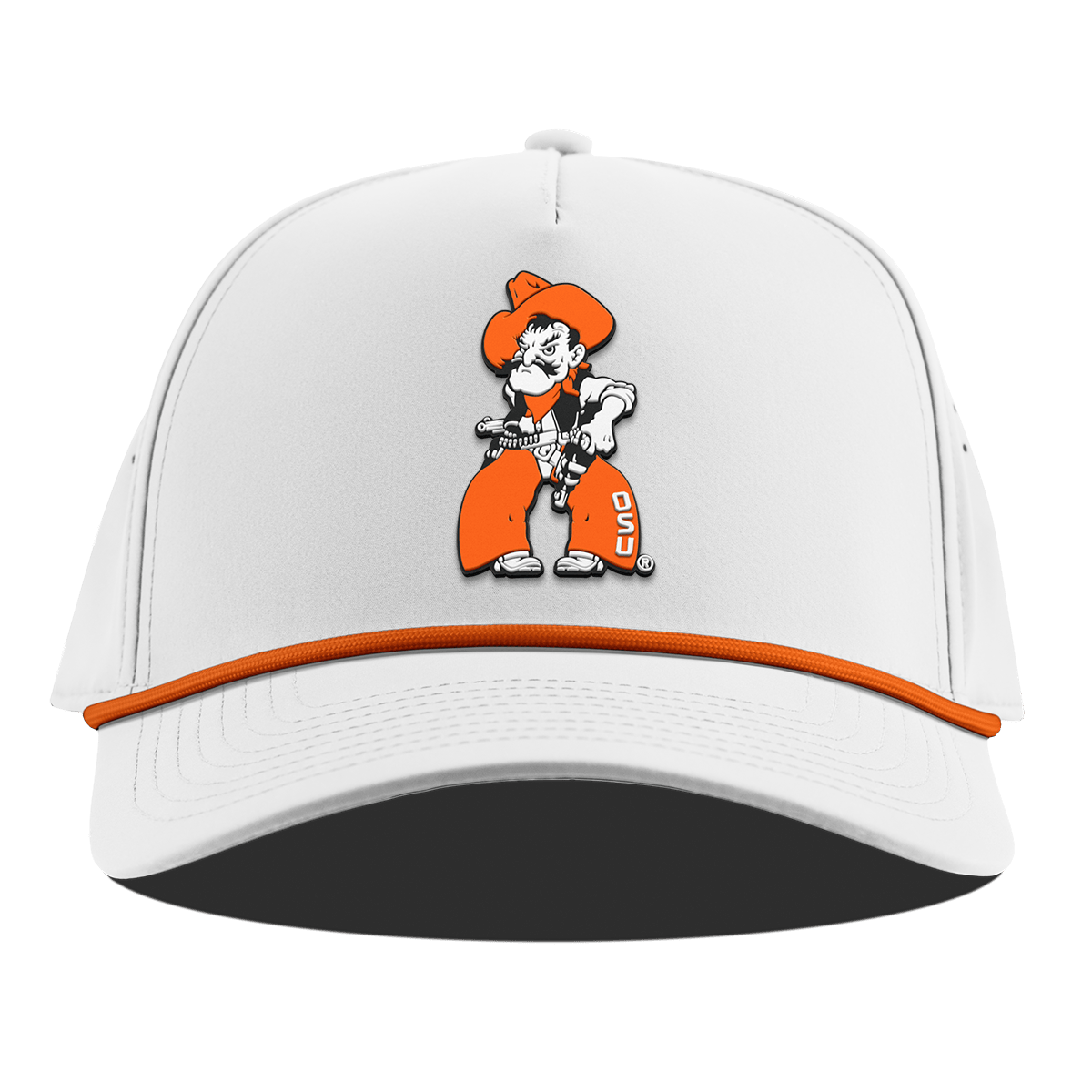 Oklahoma State University "Pistol Pete Quickdraw" Curved 5 Panel Rope White + Tangerine Rope