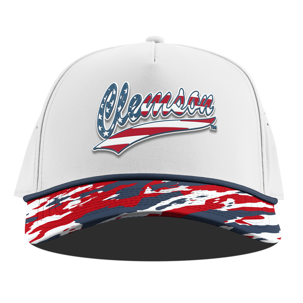 Clemson University "Clemson Stars & Stripes" Curved 5 Panel Rope White/USA Camo + Orion Rope