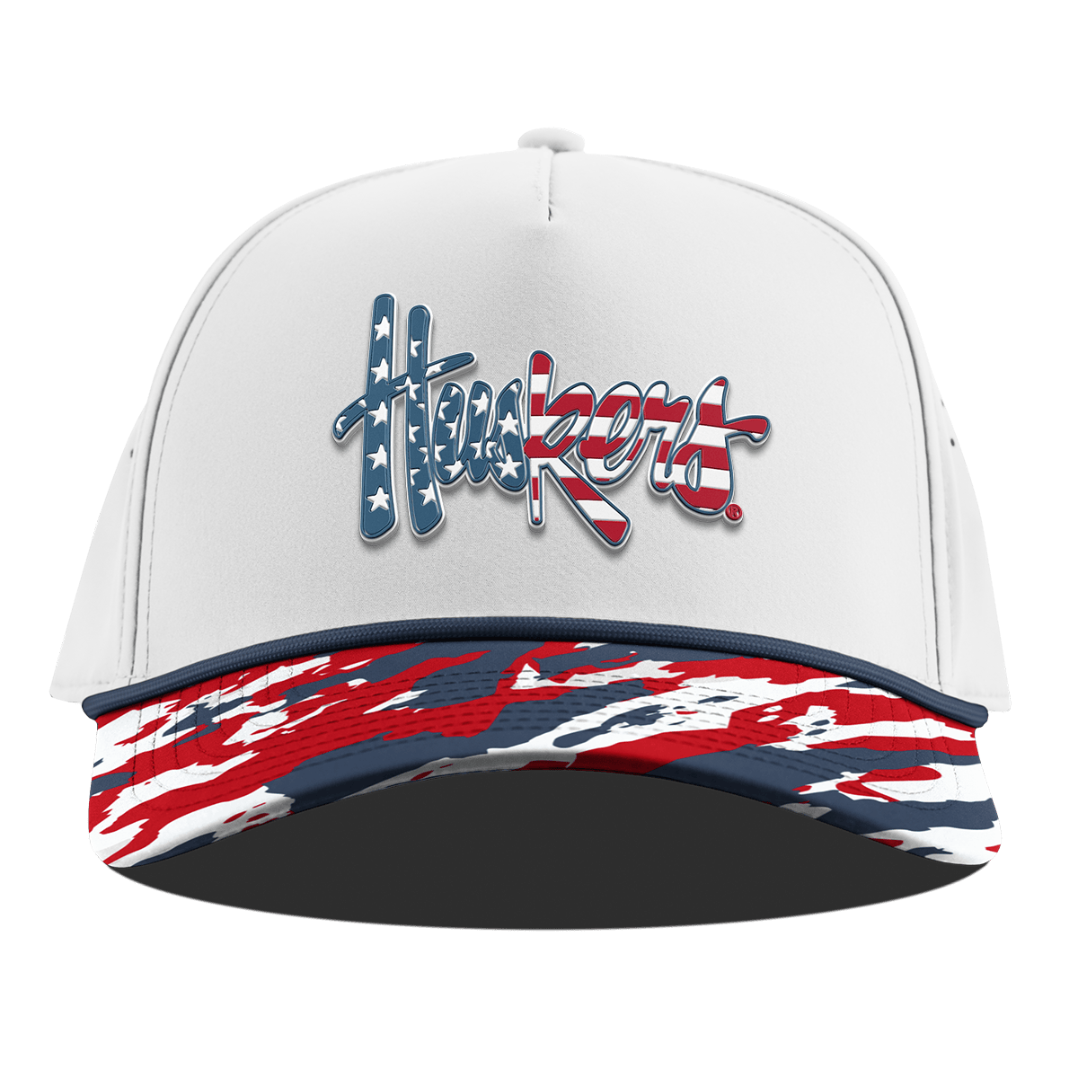 University of Nebraska "Huskers Stars & Stripes" Curved 5 Panel Rope White/USA Camo + Orion Rope